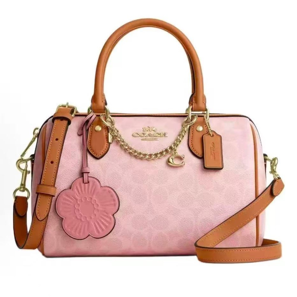 🌷Coach Medium Rowan Satchel In Signature Canvas Powder Pink With Charms